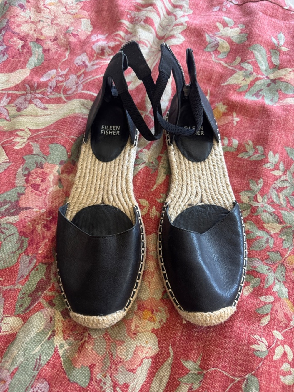 Eileen Fisher Black Leather Espadrille Slingback Sandals